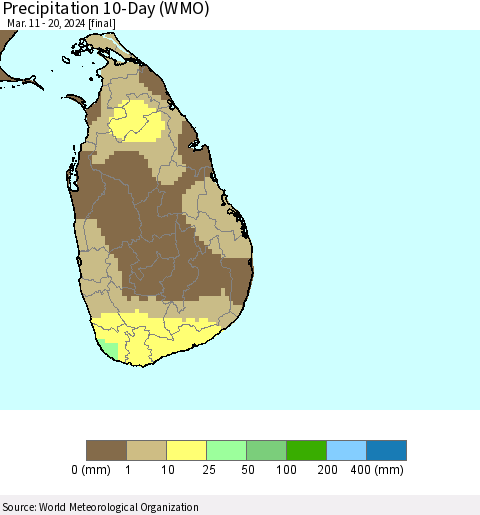 Sri Lanka Precipitation 10-Day (WMO) Thematic Map For 3/11/2024 - 3/20/2024