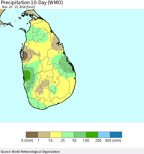 Sri Lanka Precipitation 10-Day (WMO) Thematic Map For 3/16/2024 - 3/25/2024