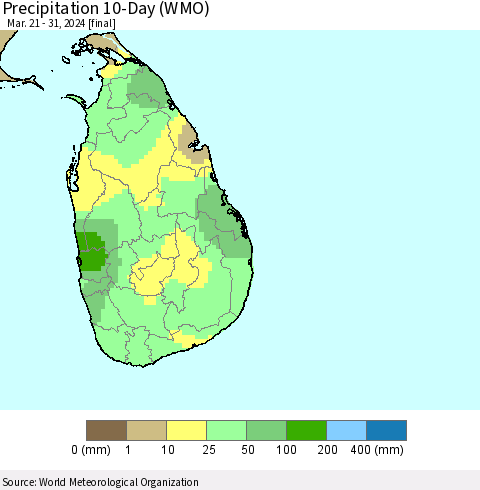 Sri Lanka Precipitation 10-Day (WMO) Thematic Map For 3/21/2024 - 3/31/2024