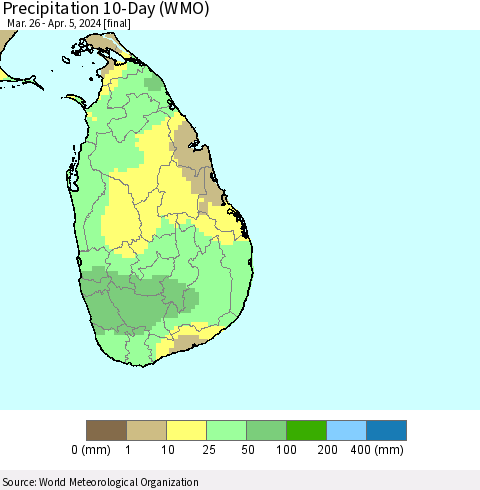 Sri Lanka Precipitation 10-Day (WMO) Thematic Map For 3/26/2024 - 4/5/2024