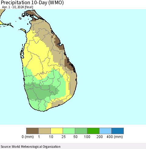 Sri Lanka Precipitation 10-Day (WMO) Thematic Map For 4/1/2024 - 4/10/2024