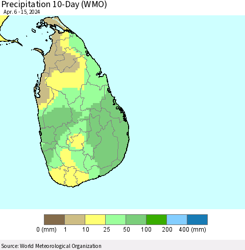 Sri Lanka Precipitation 10-Day (WMO) Thematic Map For 4/6/2024 - 4/15/2024