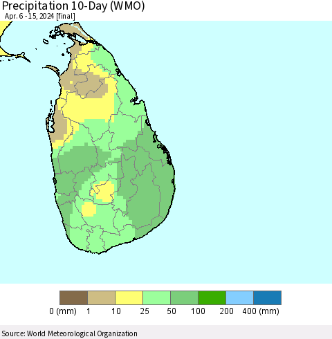 Sri Lanka Precipitation 10-Day (WMO) Thematic Map For 4/6/2024 - 4/15/2024