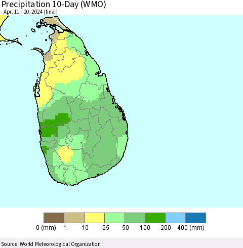 Sri Lanka Precipitation 10-Day (WMO) Thematic Map For 4/11/2024 - 4/20/2024