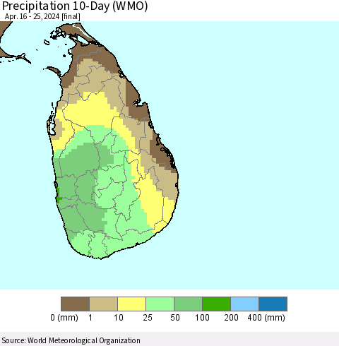 Sri Lanka Precipitation 10-Day (WMO) Thematic Map For 4/16/2024 - 4/25/2024