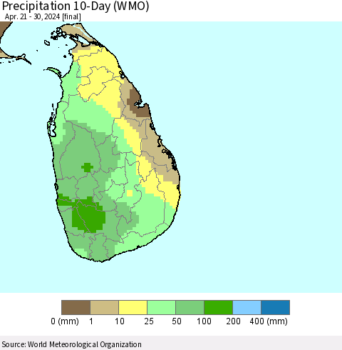 Sri Lanka Precipitation 10-Day (WMO) Thematic Map For 4/21/2024 - 4/30/2024