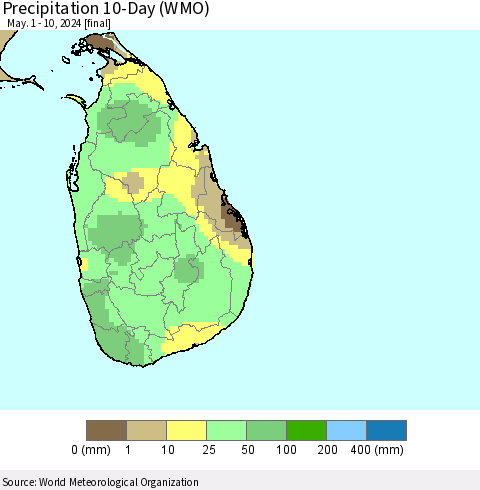 Sri Lanka Precipitation 10-Day (WMO) Thematic Map For 5/1/2024 - 5/10/2024