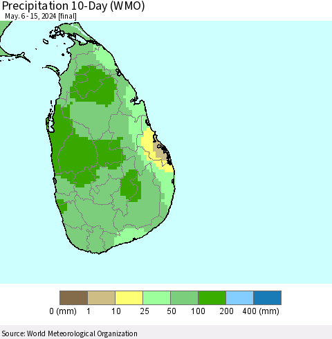 Sri Lanka Precipitation 10-Day (WMO) Thematic Map For 5/6/2024 - 5/15/2024
