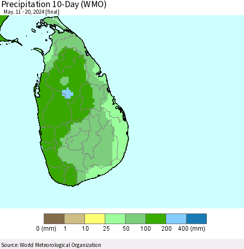 Sri Lanka Precipitation 10-Day (WMO) Thematic Map For 5/11/2024 - 5/20/2024