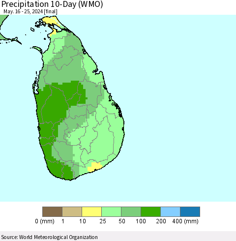 Sri Lanka Precipitation 10-Day (WMO) Thematic Map For 5/16/2024 - 5/25/2024