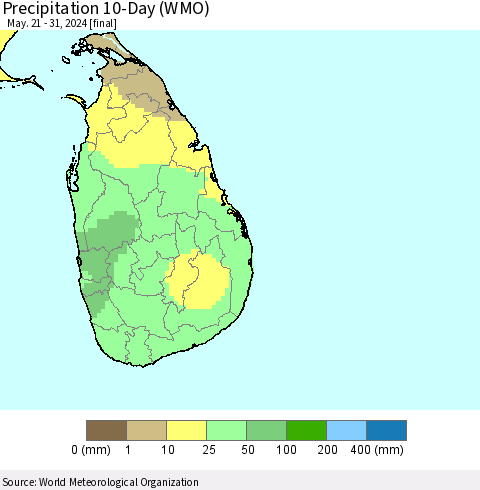 Sri Lanka Precipitation 10-Day (WMO) Thematic Map For 5/21/2024 - 5/31/2024