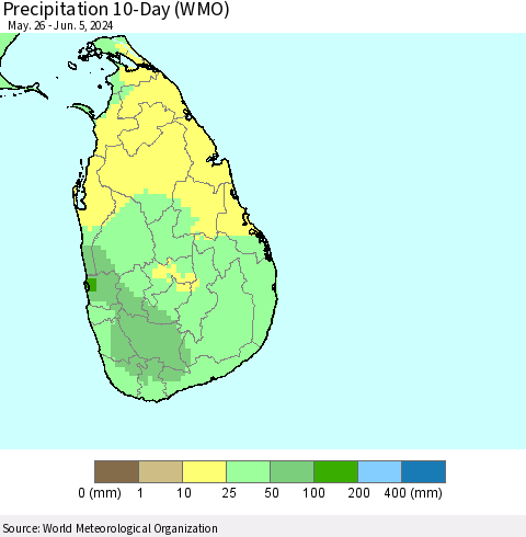 Sri Lanka Precipitation 10-Day (WMO) Thematic Map For 5/26/2024 - 6/5/2024