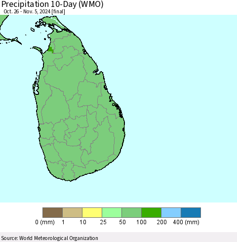 Sri Lanka Precipitation 10-Day (WMO) Thematic Map For 10/26/2024 - 11/5/2024