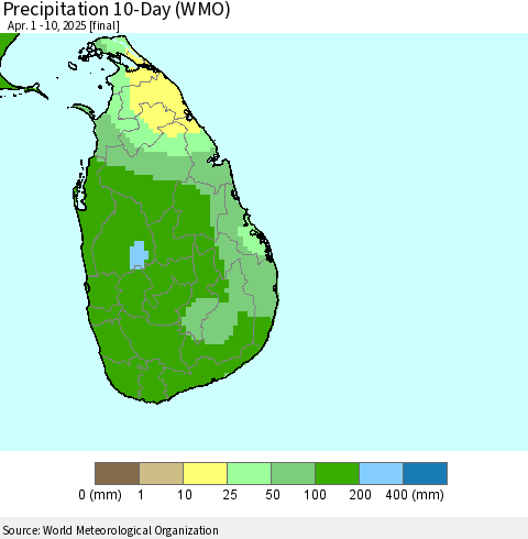 Sri Lanka Precipitation 10-Day (WMO) Thematic Map For 4/1/2025 - 4/10/2025