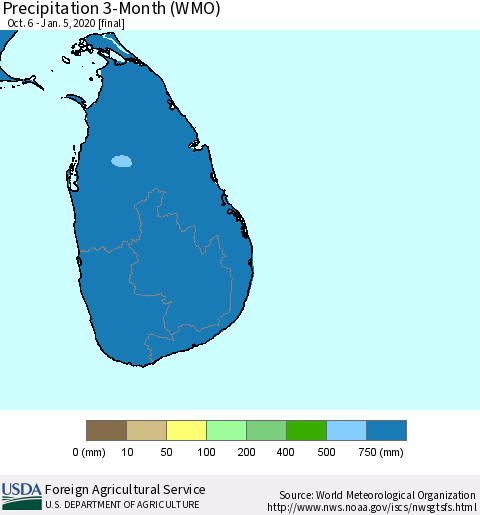 Sri Lanka Precipitation 3-Month (WMO) Thematic Map For 10/6/2019 - 1/5/2020