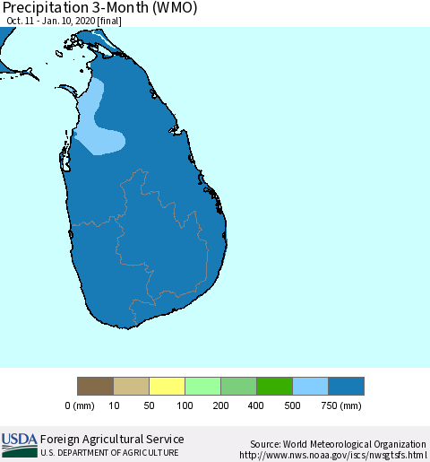 Sri Lanka Precipitation 3-Month (WMO) Thematic Map For 10/11/2019 - 1/10/2020