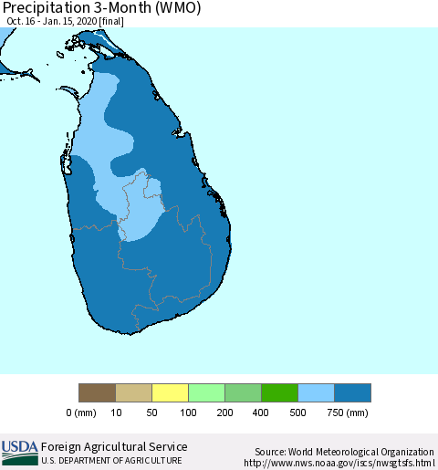 Sri Lanka Precipitation 3-Month (WMO) Thematic Map For 10/16/2019 - 1/15/2020