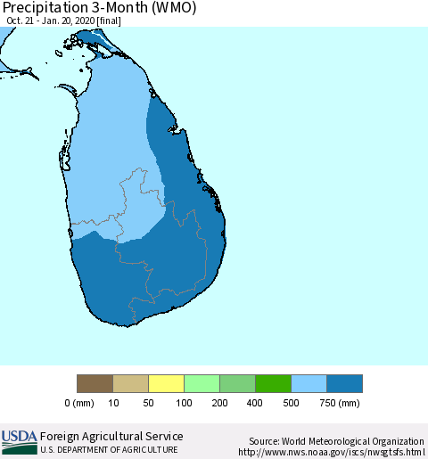 Sri Lanka Precipitation 3-Month (WMO) Thematic Map For 10/21/2019 - 1/20/2020