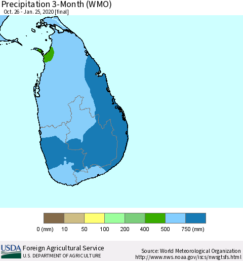 Sri Lanka Precipitation 3-Month (WMO) Thematic Map For 10/26/2019 - 1/25/2020
