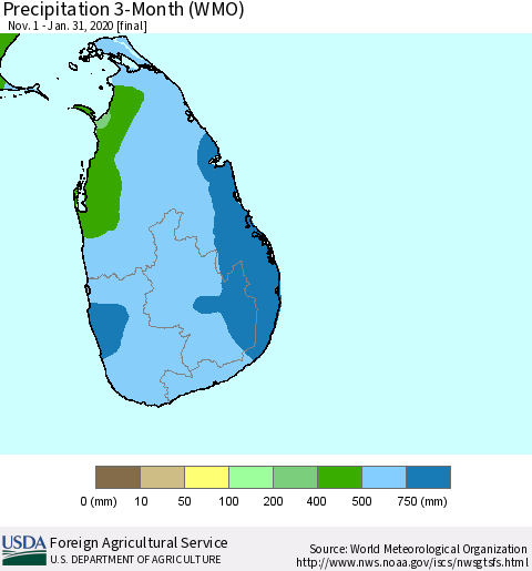 Sri Lanka Precipitation 3-Month (WMO) Thematic Map For 11/1/2019 - 1/31/2020