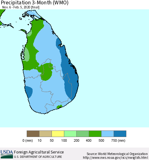 Sri Lanka Precipitation 3-Month (WMO) Thematic Map For 11/6/2019 - 2/5/2020
