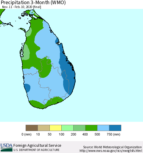 Sri Lanka Precipitation 3-Month (WMO) Thematic Map For 11/11/2019 - 2/10/2020