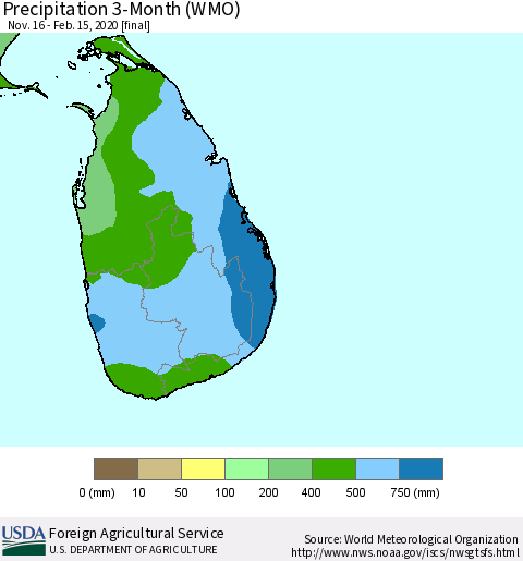 Sri Lanka Precipitation 3-Month (WMO) Thematic Map For 11/16/2019 - 2/15/2020