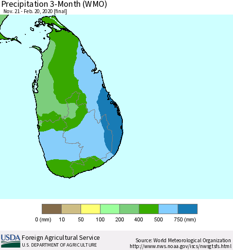 Sri Lanka Precipitation 3-Month (WMO) Thematic Map For 11/21/2019 - 2/20/2020