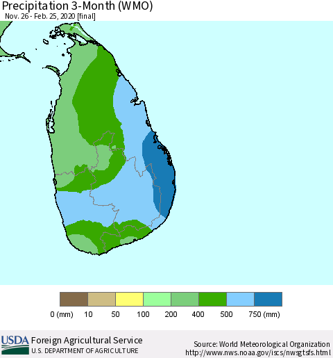 Sri Lanka Precipitation 3-Month (WMO) Thematic Map For 11/26/2019 - 2/25/2020