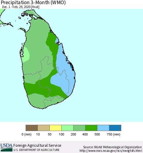 Sri Lanka Precipitation 3-Month (WMO) Thematic Map For 12/1/2019 - 2/29/2020