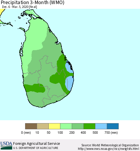 Sri Lanka Precipitation 3-Month (WMO) Thematic Map For 12/6/2019 - 3/5/2020