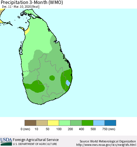 Sri Lanka Precipitation 3-Month (WMO) Thematic Map For 12/11/2019 - 3/10/2020