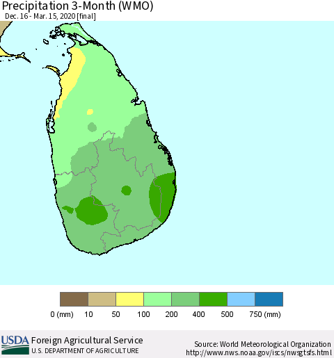 Sri Lanka Precipitation 3-Month (WMO) Thematic Map For 12/16/2019 - 3/15/2020