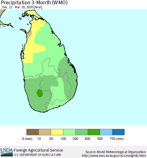 Sri Lanka Precipitation 3-Month (WMO) Thematic Map For 12/21/2019 - 3/20/2020