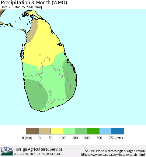 Sri Lanka Precipitation 3-Month (WMO) Thematic Map For 12/26/2019 - 3/25/2020