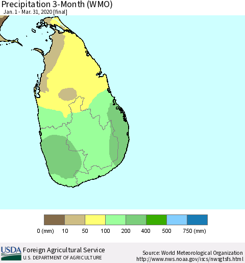 Sri Lanka Precipitation 3-Month (WMO) Thematic Map For 1/1/2020 - 3/31/2020