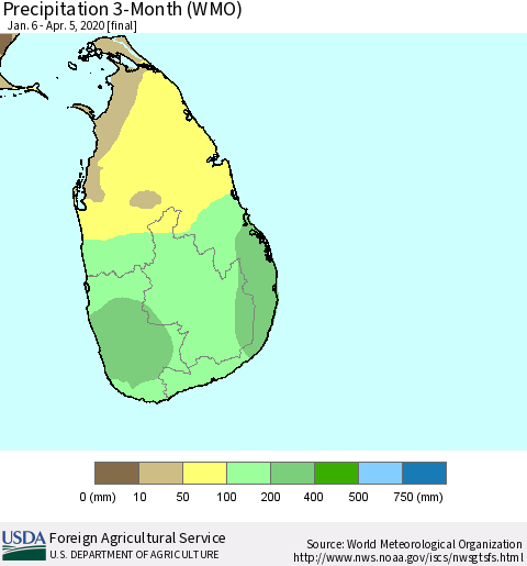Sri Lanka Precipitation 3-Month (WMO) Thematic Map For 1/6/2020 - 4/5/2020