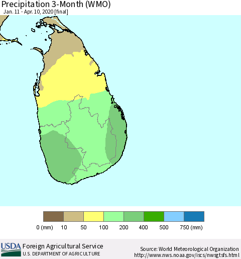 Sri Lanka Precipitation 3-Month (WMO) Thematic Map For 1/11/2020 - 4/10/2020