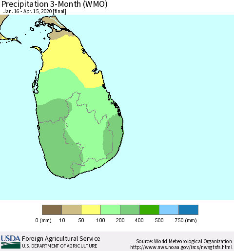 Sri Lanka Precipitation 3-Month (WMO) Thematic Map For 1/16/2020 - 4/15/2020