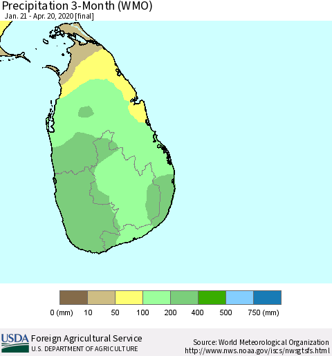 Sri Lanka Precipitation 3-Month (WMO) Thematic Map For 1/21/2020 - 4/20/2020