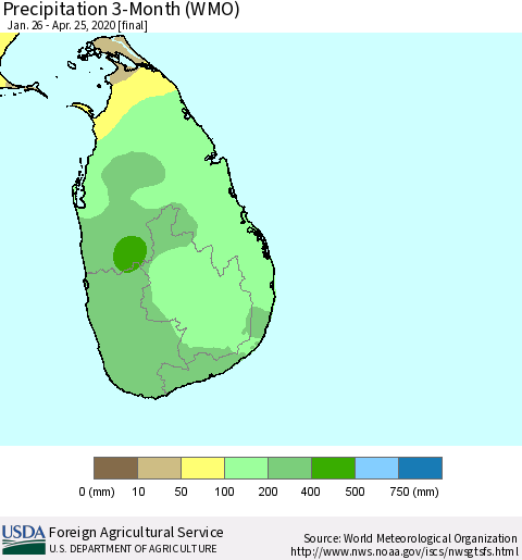 Sri Lanka Precipitation 3-Month (WMO) Thematic Map For 1/26/2020 - 4/25/2020
