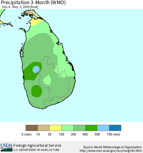 Sri Lanka Precipitation 3-Month (WMO) Thematic Map For 2/6/2020 - 5/5/2020