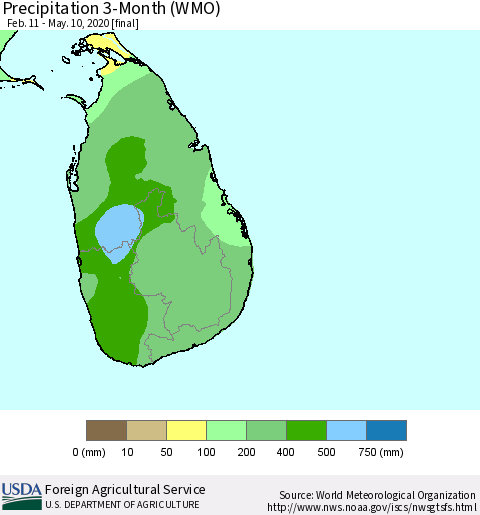 Sri Lanka Precipitation 3-Month (WMO) Thematic Map For 2/11/2020 - 5/10/2020
