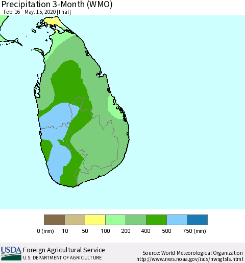 Sri Lanka Precipitation 3-Month (WMO) Thematic Map For 2/16/2020 - 5/15/2020