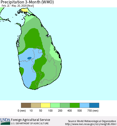 Sri Lanka Precipitation 3-Month (WMO) Thematic Map For 2/21/2020 - 5/20/2020