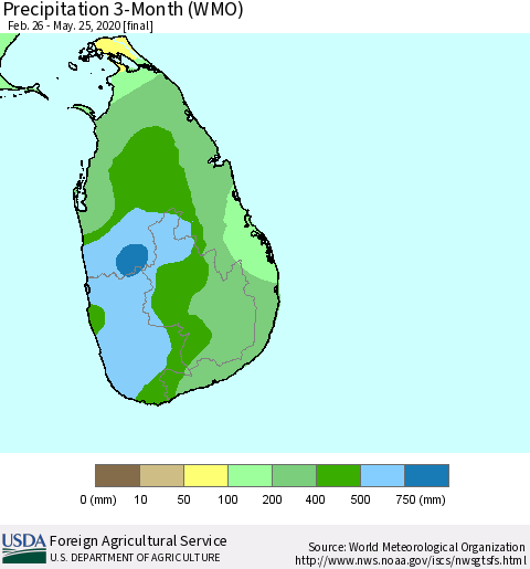 Sri Lanka Precipitation 3-Month (WMO) Thematic Map For 2/26/2020 - 5/25/2020