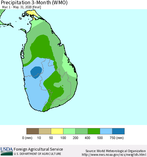 Sri Lanka Precipitation 3-Month (WMO) Thematic Map For 3/1/2020 - 5/31/2020