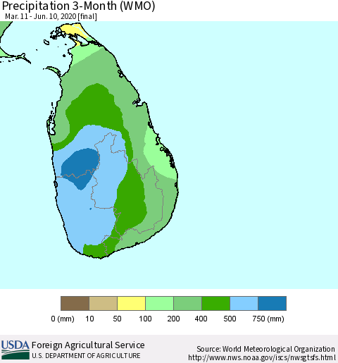 Sri Lanka Precipitation 3-Month (WMO) Thematic Map For 3/11/2020 - 6/10/2020
