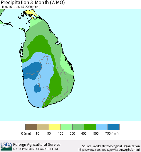 Sri Lanka Precipitation 3-Month (WMO) Thematic Map For 3/16/2020 - 6/15/2020