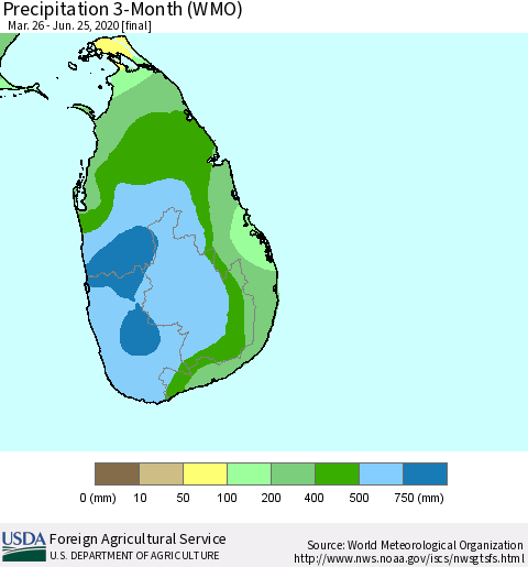 Sri Lanka Precipitation 3-Month (WMO) Thematic Map For 3/26/2020 - 6/25/2020